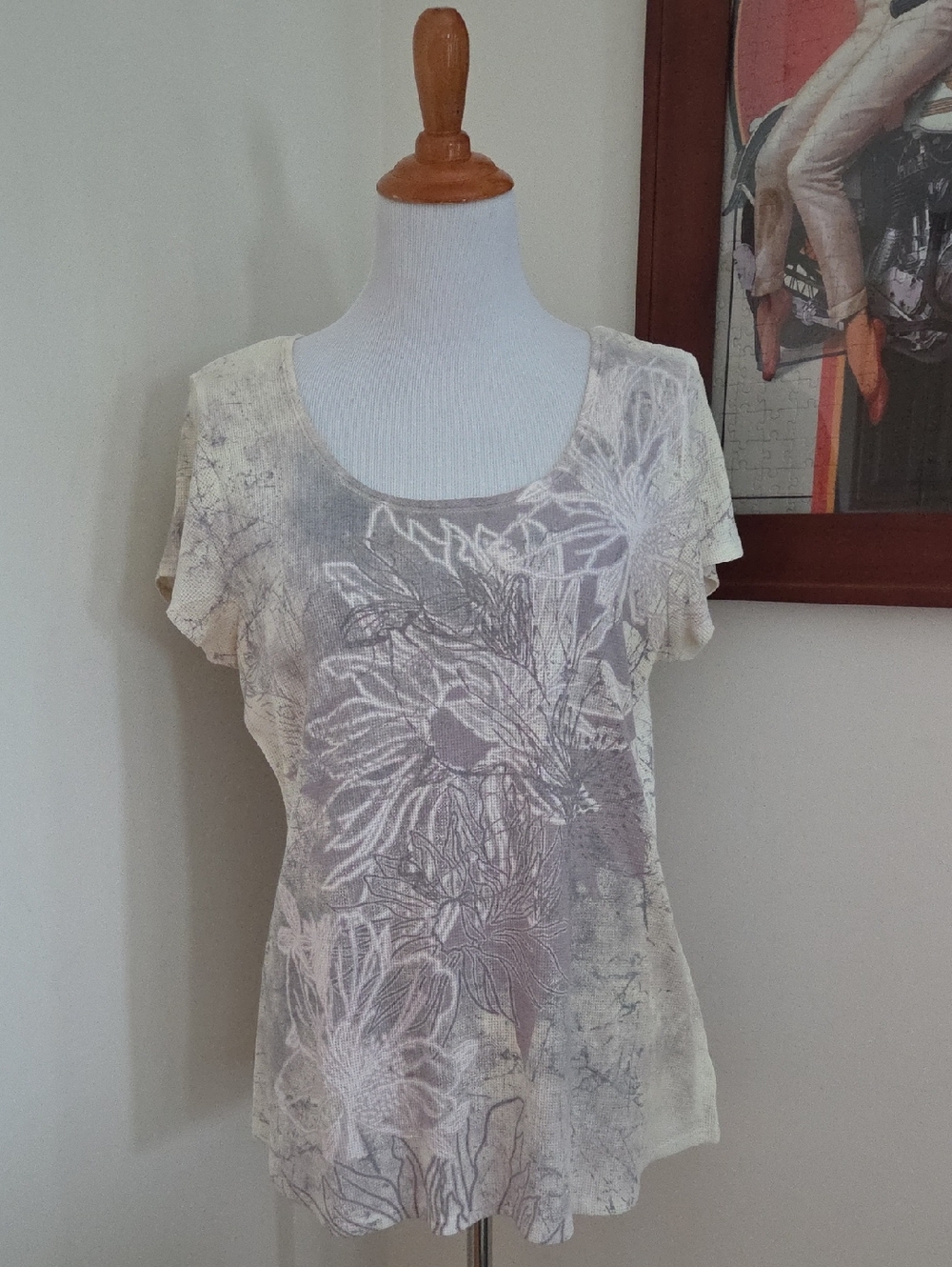 Coldwater Creek Cream Floral Short-Sleeve Scoop Neck Top